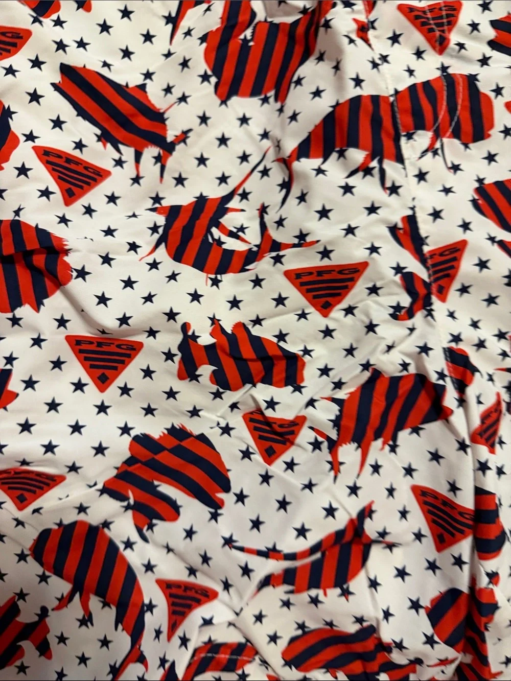 Men’s Columbia PFG White Shorts with Red & Black Stripes - Patriotic Star Print